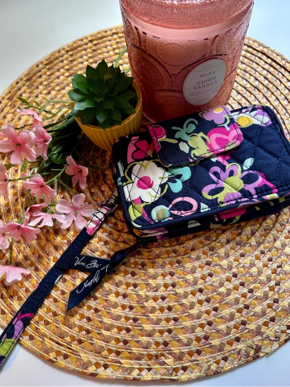 Vera Bradley Navy Floral Quilted Zip-Around Wristlet Wallet